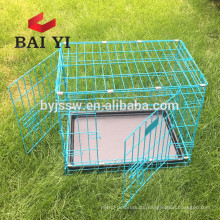 Foldable black dog cage with removable plastic tray and 2 doors